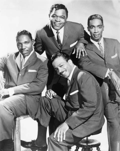 American doo-wop and R&B/soul vocal group, The Drifters, 1961. L-R Charlie Thomas, Dock Green, Rudy Lewis and Tommy Evans